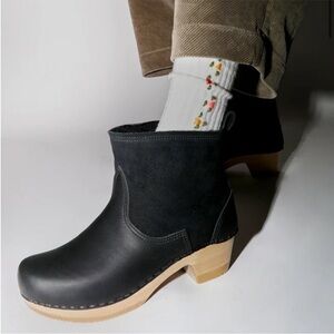 No. 6 Pull On Shearling Clog Boot Mid Heel Leather Black Suede 39 GUC